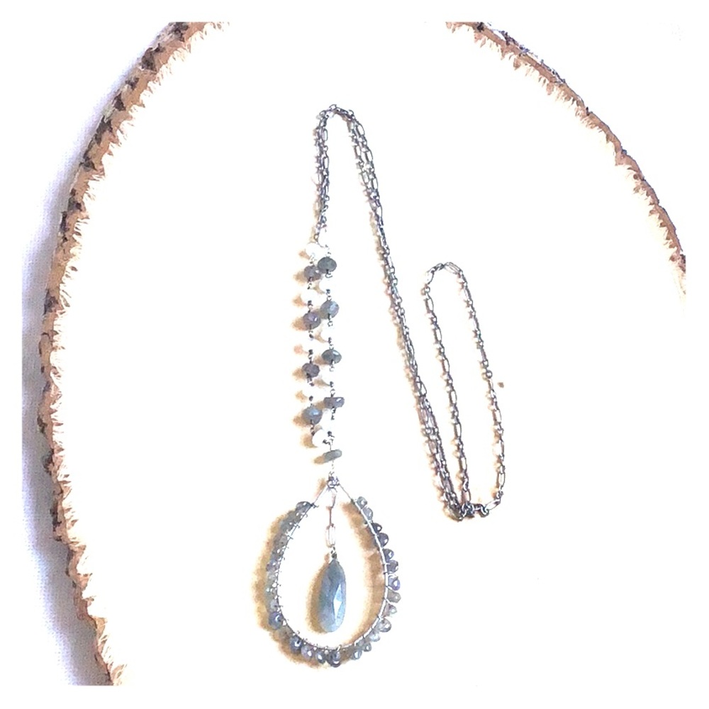 Long Labradorite and moon stone silver necklace